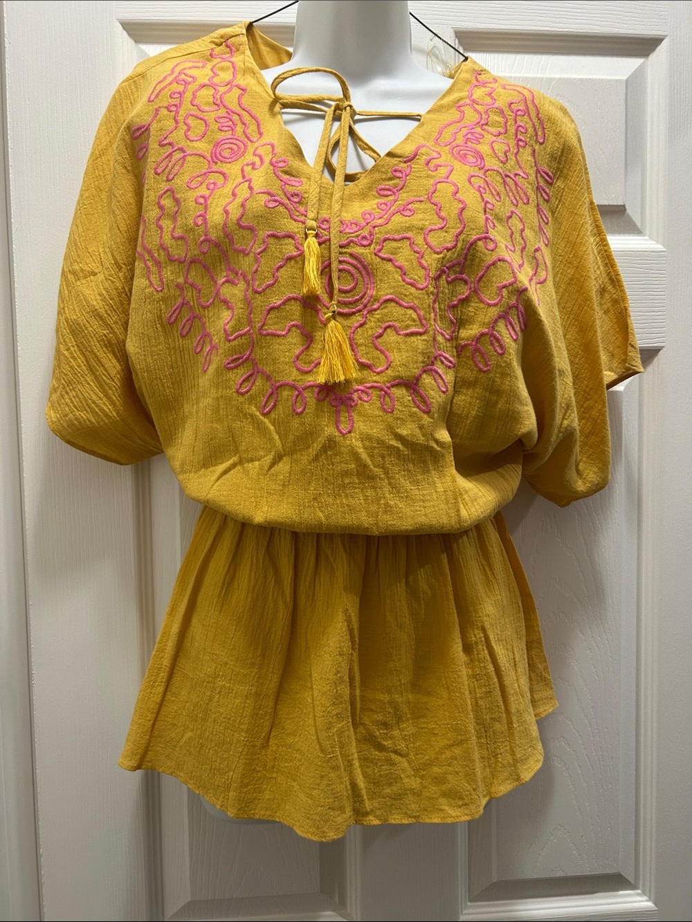 Hayden Mustard Blouse with Pink Embroidery